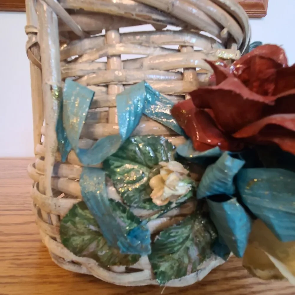 Vintage Whitewashed Wicker Basket With Molded Flowers Ribbon Details Shabby Chic